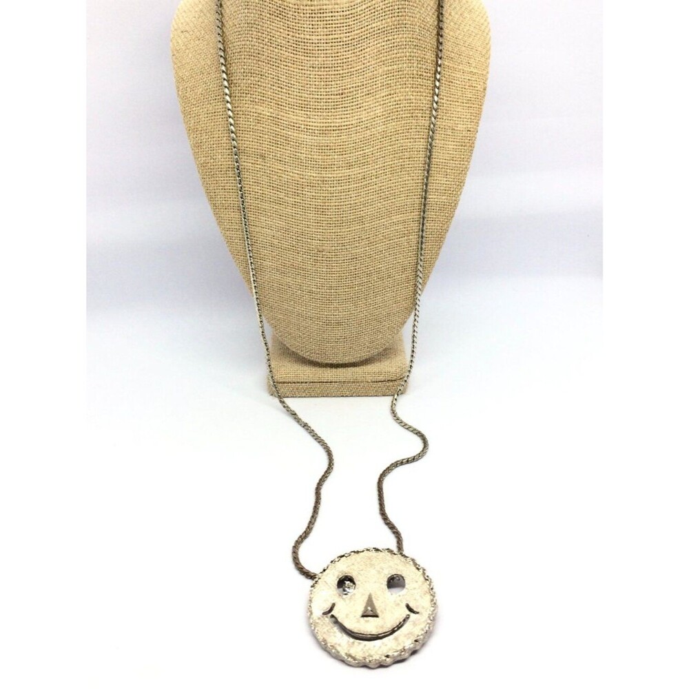 Vintage Avon Smiley Face Necklace Rhinestone Eyes Brooch Pendant Silver Tone